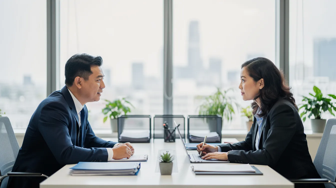 The image depicts two professionals engaged in a serious conversation in an office environment, likely discussing topics related to personal injury claims and the legal process following incidents such as hit and run accidents. Their focus suggests they are exploring options for seeking compensation and understanding legal rights under California law.