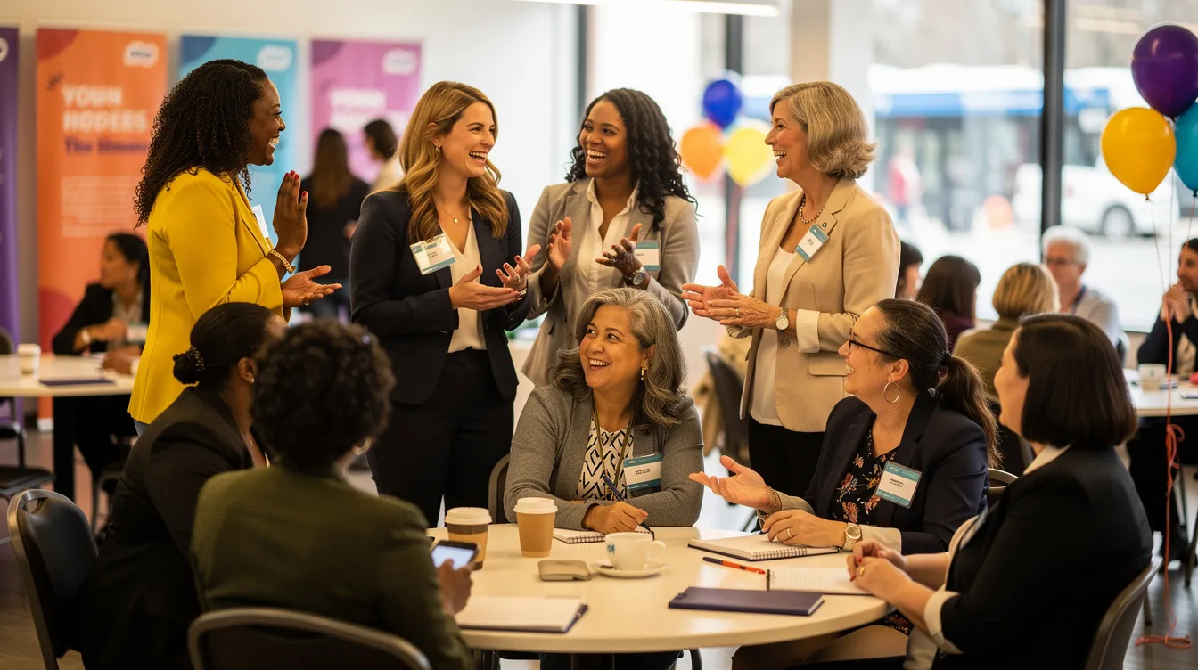 A diverse group of women, representing various backgrounds, are networking and sharing laughter at a community event focused on supporting women-owned businesses. This vibrant gathering fosters connections among women entrepreneurs, promoting collaboration and inspiration within the local business directory.