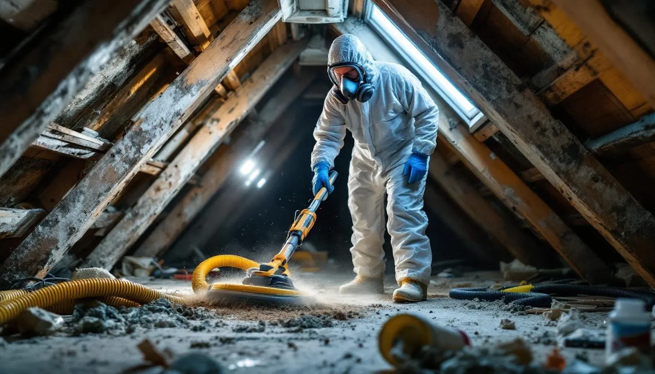A professional wearing protective gear is meticulously cleaning a contaminated attic space using specialized equipment, ensuring the removal of hazardous materials and debris. This attic cleanup process focuses on enhancing energy efficiency and addressing health risks associated with pests and old insulation.