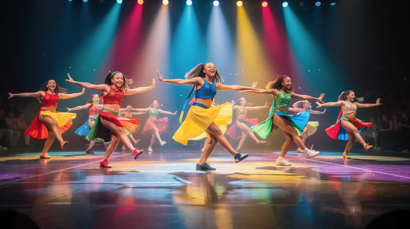The image depicts a vibrant dance recital stage filled with young dancers performing energetically in bright, colorful costumes under dazzling stage lights. The scene captures the excitement and creativity of various dance styles, showcasing the talent and enthusiasm of the performers in a lively atmosphere.
