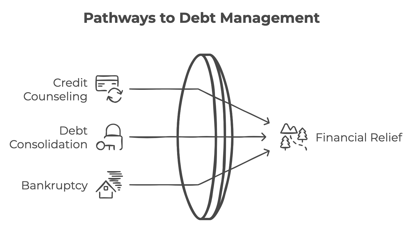 An infographic showing the pathways to debt management plans with legitimate debt.