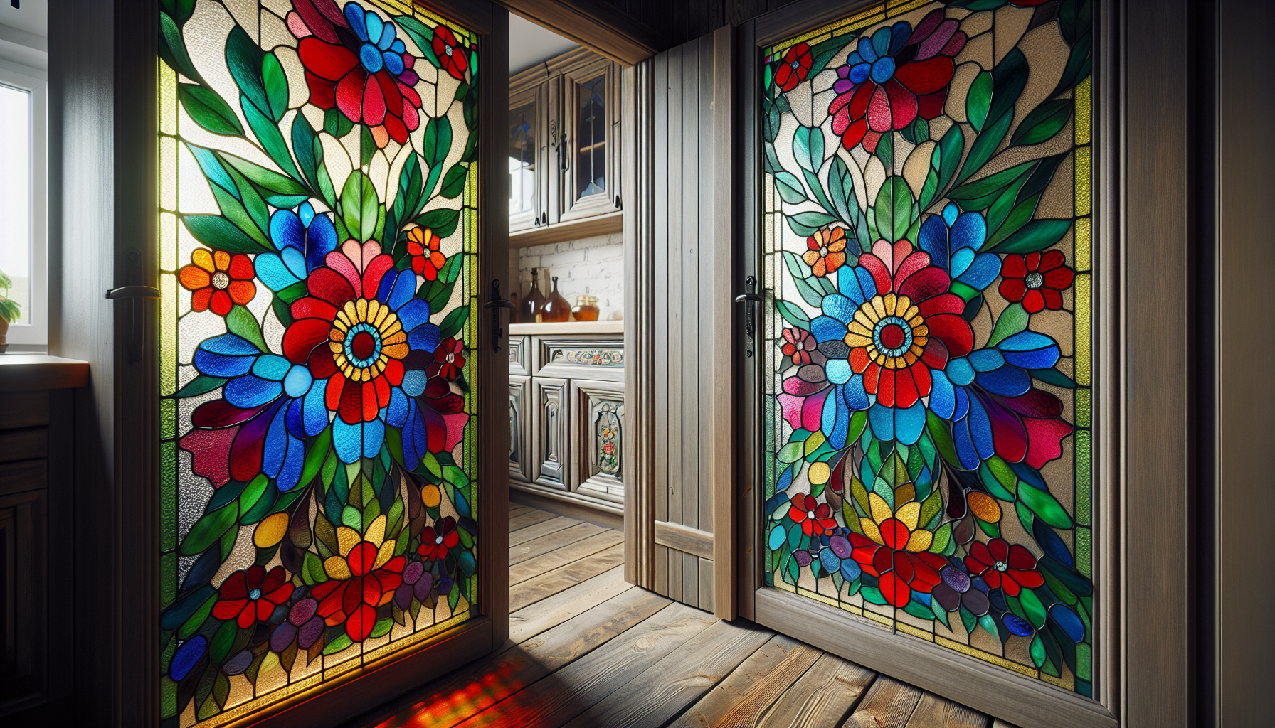 Stained glass design on a pantry door