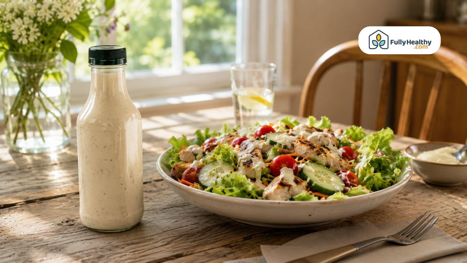 A bottle of ranch dressing beside a fresh garden salad with grilled chicken, lettuce, tomatoes, cucumbers, and carrots.