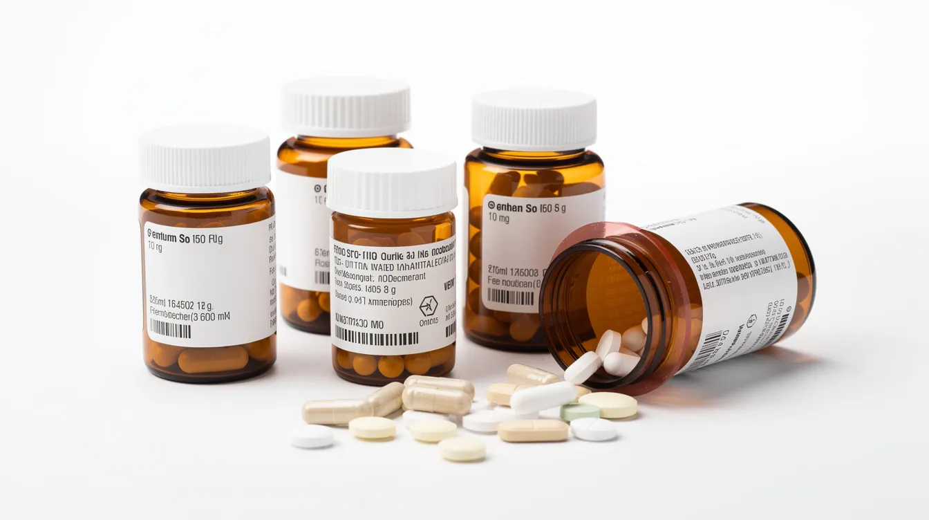The image features several pill bottles and tablets neatly arranged on a clean white surface, representing various medications that may assist in weight management and diabetes treatment, including GLP-1 medications like Wegovy. This visual highlights the importance of professional medical advice when considering options for health goals related to obesity and body weight.