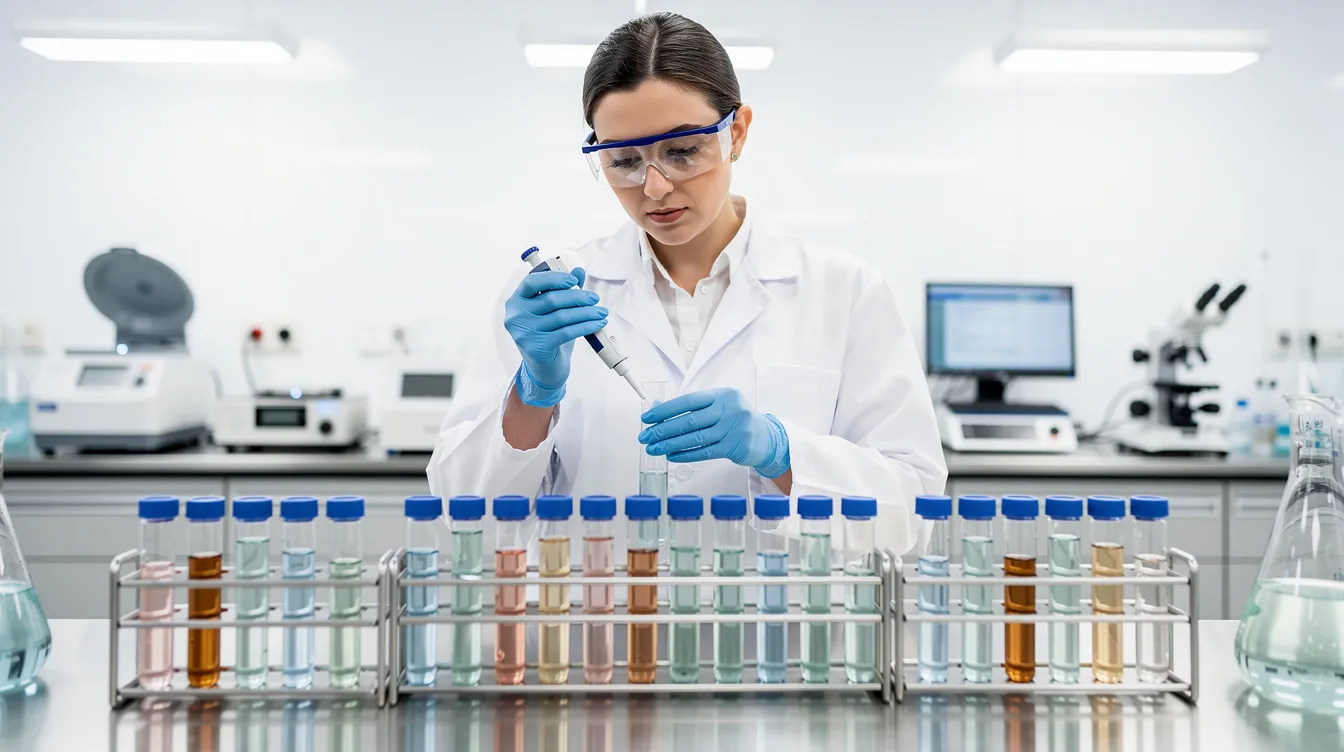 A laboratory scientist is focused on testing various liquid samples in small glass vials, illuminated by bright lighting, showcasing the meticulous work involved in analyzing hemp derived cannabinoid products. This scene highlights the importance of adhering to state law and regulations surrounding hemp products in Tennessee.