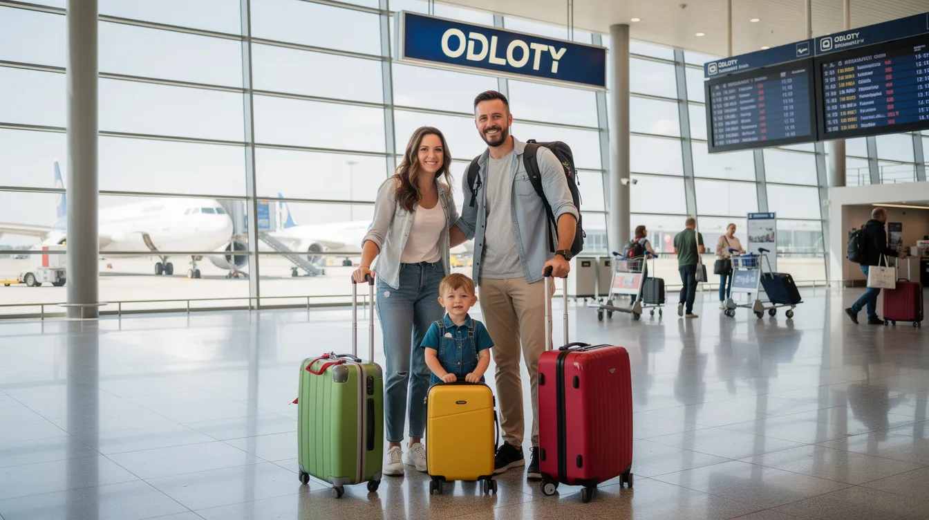 Na lotnisku widoczna jest rodzina z dzieckiem, kt&oacute;re trzyma walizki. Rodzice z troską przygotowują się do wyjazdu dziecka za granicę, co może wymagać zgody drugiego rodzica oraz odpowiednich dokument&oacute;w.