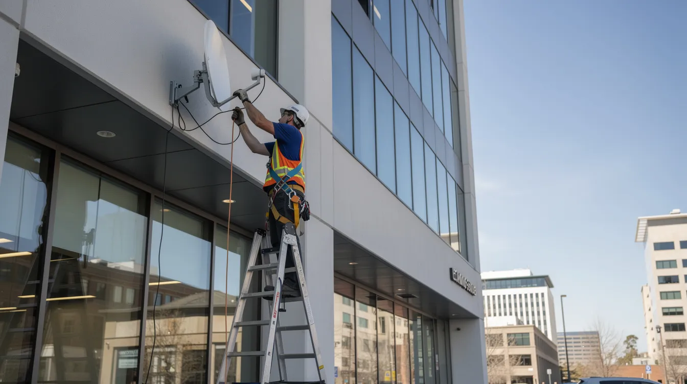 A technician is installing a satellite dish on the exterior of a commercial building, ensuring proper alignment for optimal signal reception. The setup includes a DSTV smart LNB and additional cabling to connect DSTV decoders for high-definition viewing and access to streaming apps.