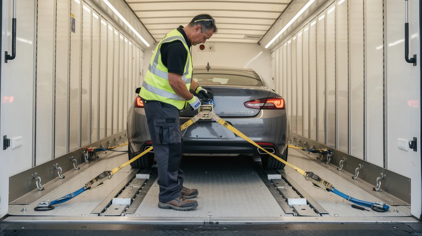 A professional carrier driver is inspecting the vehicle tie-down straps inside a fully enclosed trailer, ensuring maximum protection for the luxury cars during transport. The enclosed auto transport setup provides a secure environment, safeguarding the vehicles from road debris and harsh weather conditions.
