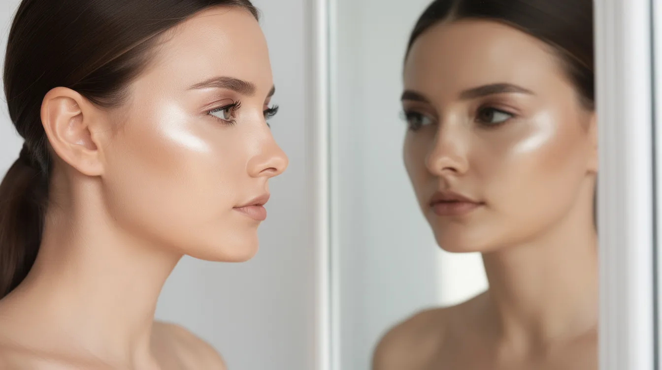 The image depicts a person admiring their reflection in natural light, showcasing smooth and healthy skin that reflects the benefits of a personalized treatment plan, potentially including sculptra injections. The natural glow and skin quality suggest the positive impact of treatments that enhance the body's natural collagen production, contributing to a youthful appearance.