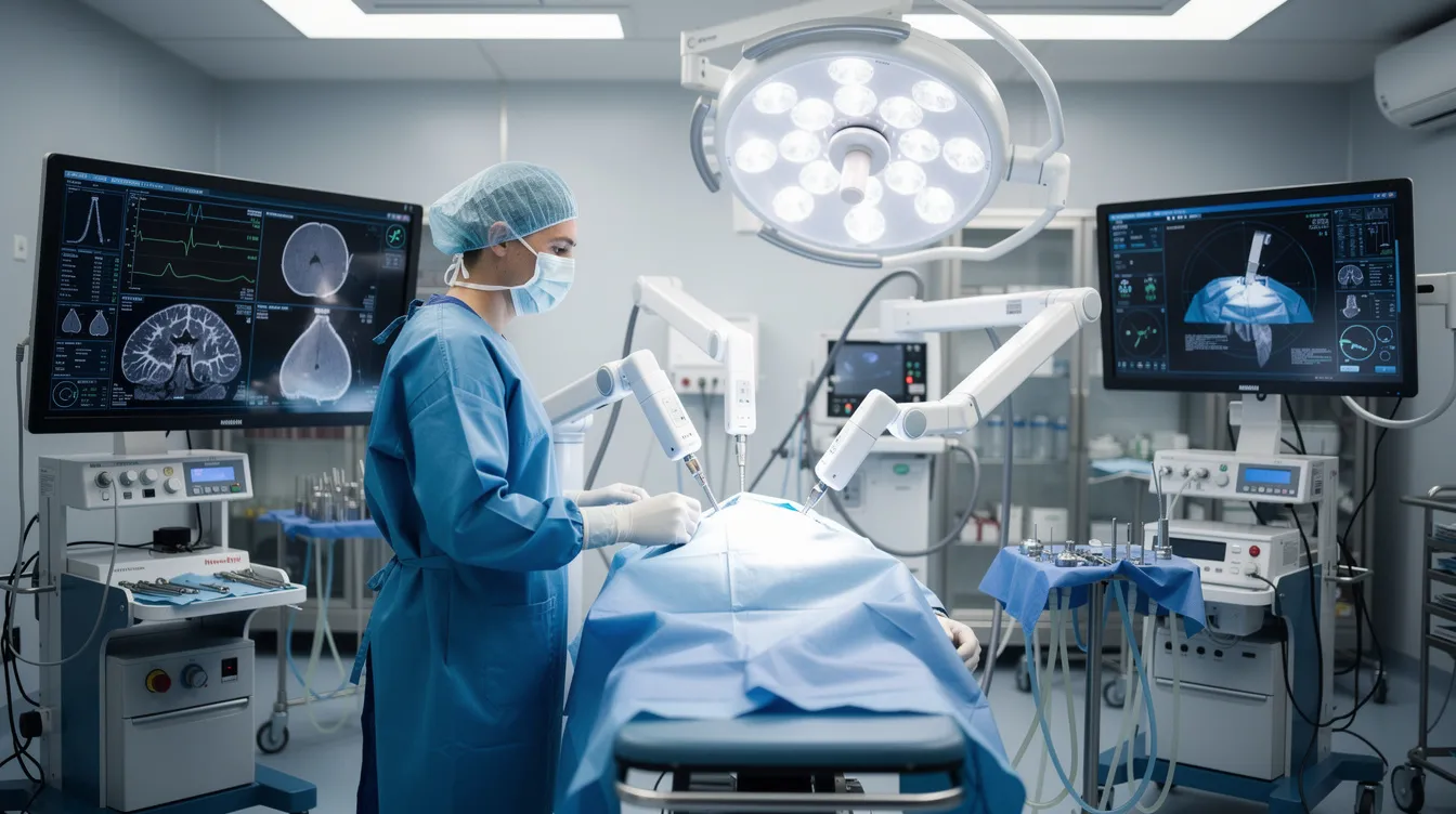 The image shows a surgeon in a modern operating room skillfully controlling a robotic surgical system, with multiple monitors displaying real-time patient data. This advanced technology highlights how emerging technologies, like 5G networks, are transforming healthcare by enabling remote surgery and enhancing medical procedures through seamless connectivity and real-time data processing.
