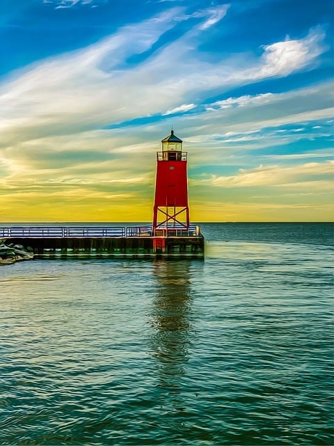 lighthouse, lake, lake michigan