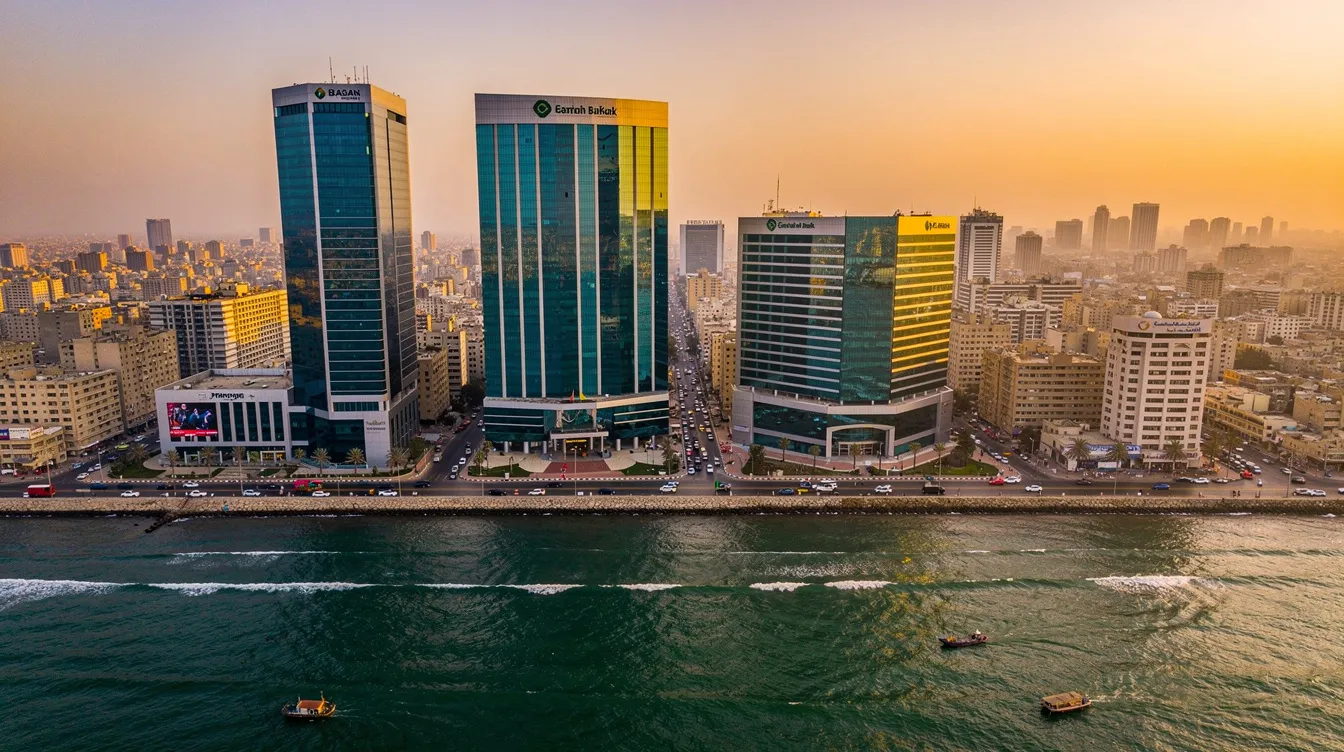 The image showcases the Karachi city skyline, featuring modern bank buildings along the waterfront, symbolizing the presence of financial institutions like Sindh Bank, which facilitate international money transfers and payments. The skyline reflects a vibrant urban landscape, highlighting the importance of secure international transfers and financial connectivity in Pakistan.