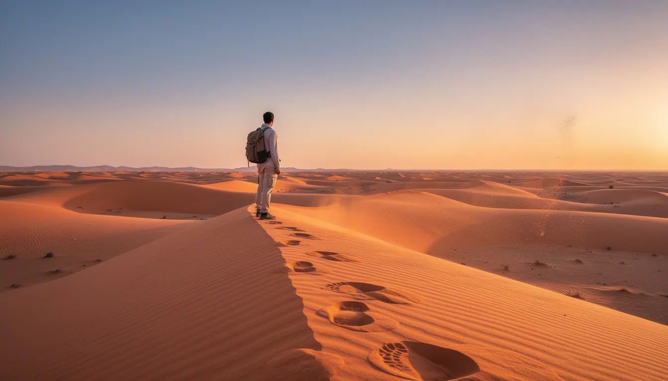 A solo traveler stands on the vibrant orange sand dunes of the Sahara Desert during golden hour, creating a stunning contrast against the warm hues of the sunset. This serene moment captures the essence of solo travel in Morocco, offering a beautiful backdrop for exploration and adventure.