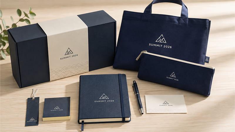 Custom A5 notebook gift set with pens, pouches, tote bag, cards, and branded boxes