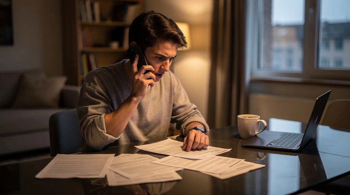A person is seated at home, engaged in a phone call while reviewing paperwork related to a personal injury claim. They appear focused, likely discussing details of their case with an experienced personal injury attorney to understand their legal options for pursuing fair compensation.