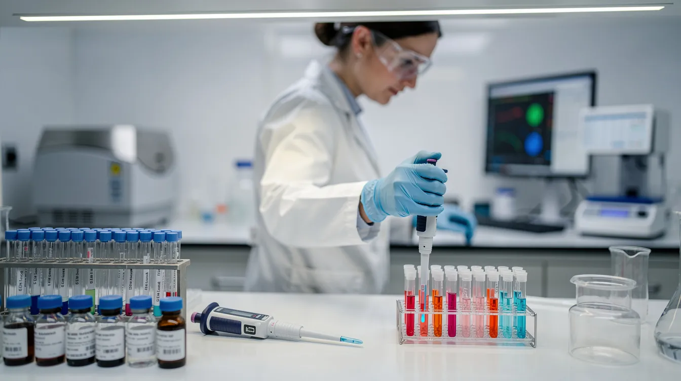 The image shows a research scientist in a laboratory setting, focused on analyzing samples using various laboratory equipment. The work is likely related to studies on lithium treatment and its effects on cognitive function and brain health, exploring potential approaches to address issues like cognitive decline and bipolar disorder.