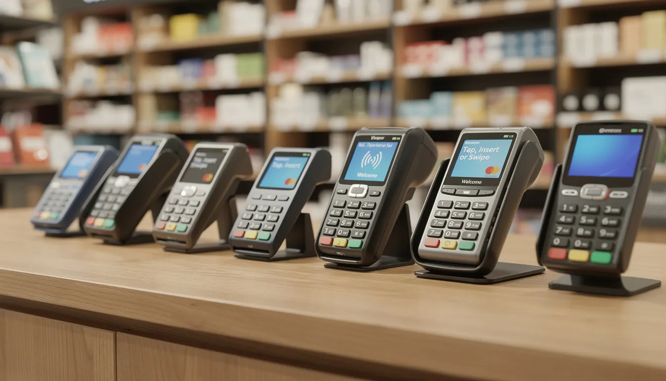 The image features various card payment terminals neatly arranged on a shop counter, showcasing devices that enable customers to make secure credit card payments and contactless payments. These terminals facilitate in-person payments and digital wallet transactions, enhancing the overall customer experience while managing funds for merchants.