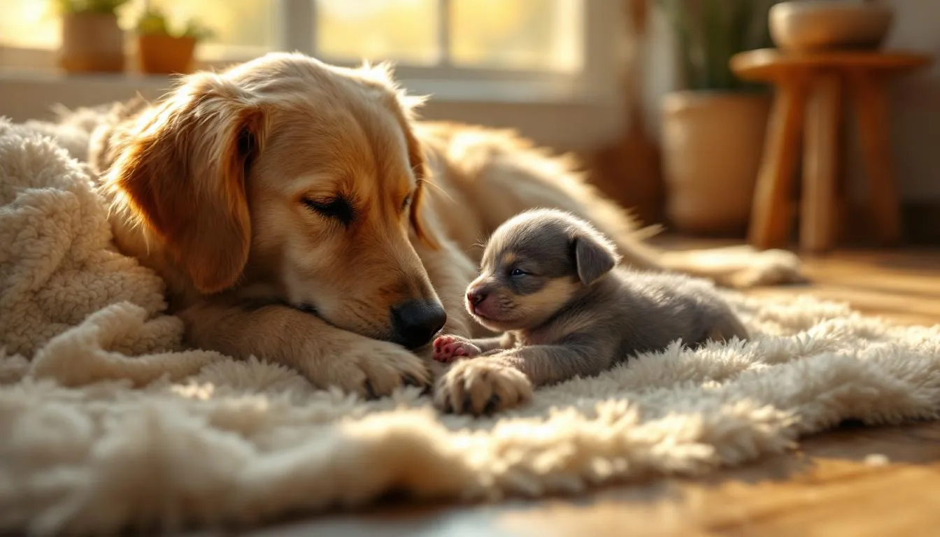 Na obrazku widoczne jest szczenię ssące mleko matki w komfortowym środowisku, co zapewnia mu niezbędne składniki odżywcze w pierwszych tygodniach życia. Mleko matki jest kluczowe dla prawidłowego rozwoju młodych psów, dostarczając im białko i inne składniki odżywcze.
