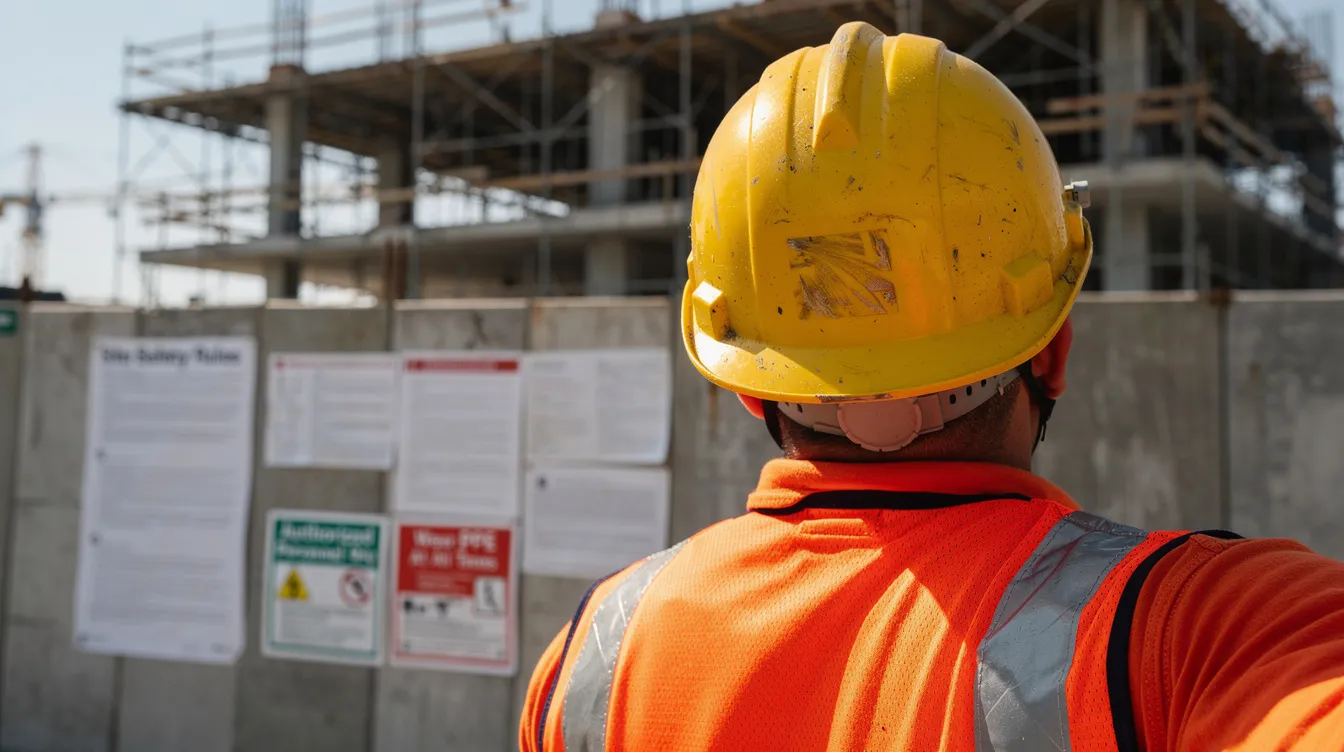 Construction hard hat and safety vest at an active building site.