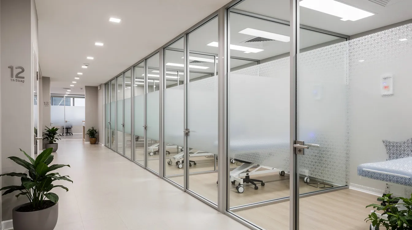 The image depicts a modern healthcare setting featuring glass partition walls that enhance patient privacy while allowing light to flow through. The space utilizes smart glass technology, which can switch between opaque and transparent states, providing a dynamic and adaptable environment for both patients and healthcare professionals.