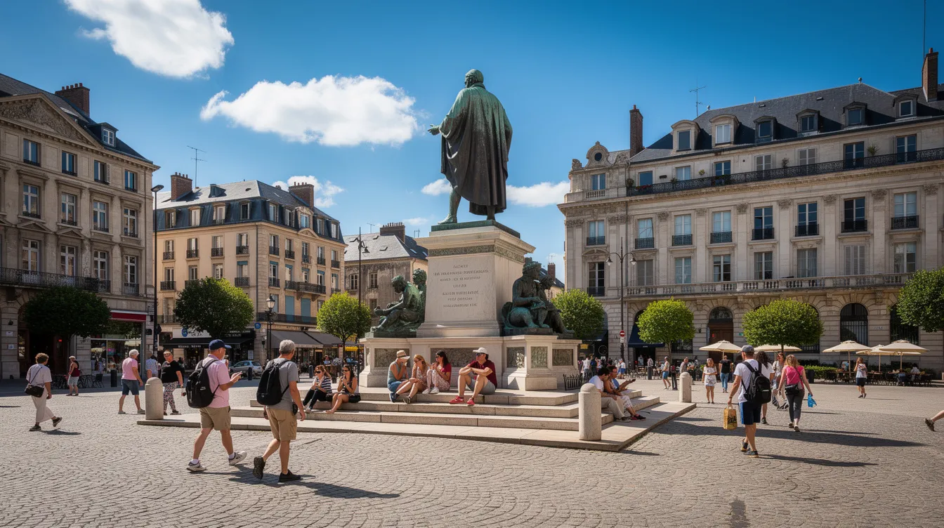 Imagem de um monumento de bronze em uma praça europeia, cercado por pessoas aproveitando um dia ensolarado, refletindo a vida vibrante da capital da Polônia, Varsóvia. O cenário destaca a arquitetura moderna e o centro histórico da cidade, que carrega uma rica história marcada pela Segunda Guerra Mundial.