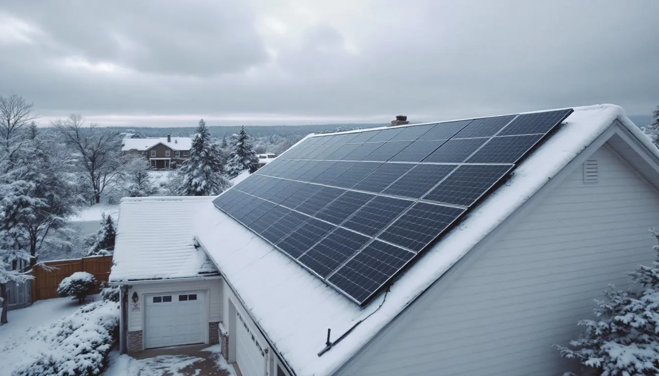 Une maison équipée de panneaux solaires sur son toit, avec un paysage enneigé en arrière-plan, symbolise l'utilisation de l'énergie solaire dans la région de la Mauricie. Cette installation illustre les solutions d'énergie renouvelable pour répondre aux besoins en électricité.
