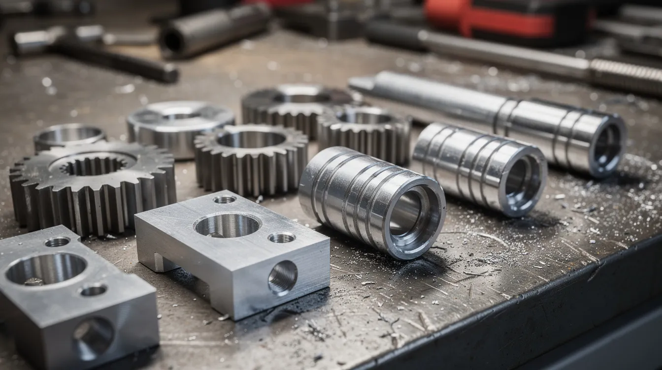 An assortment of precision-machined metal parts, including gears, brackets, and cylindrical components, is neatly arranged on a workbench, showcasing the high level of accuracy achieved through CNC machining processes. This collection illustrates the complexity of the pieces and highlights the capabilities of CNC machines in modern manufacturing.