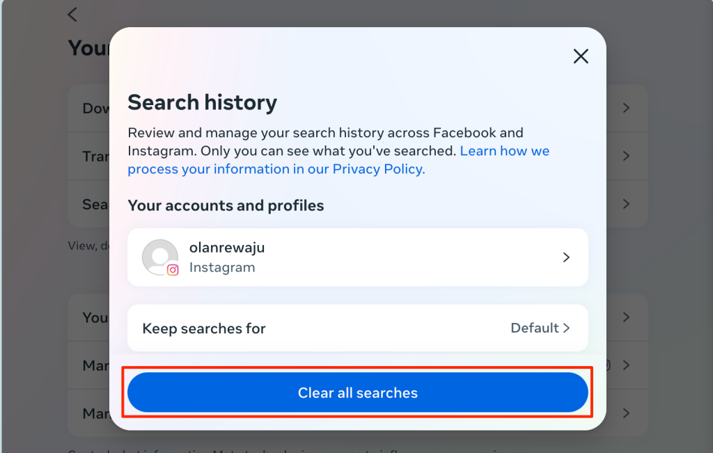Search history page on Instagram Web