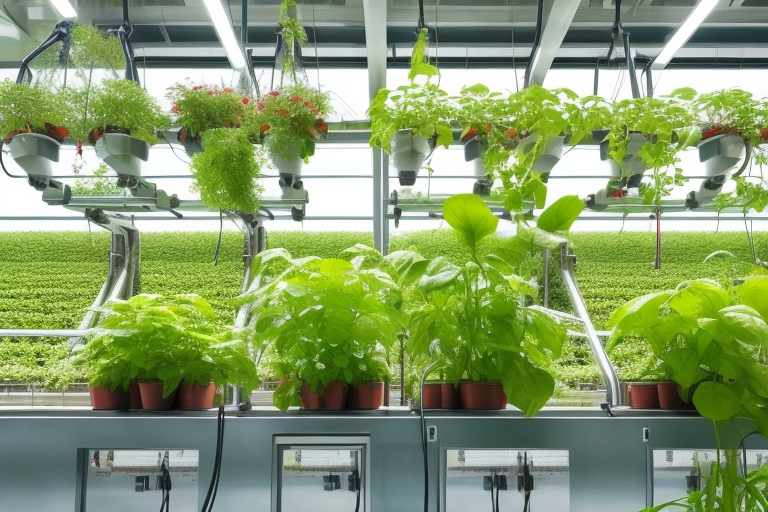 Image of nutrient film technique systems with hydroponic plants in a hydroponic garden