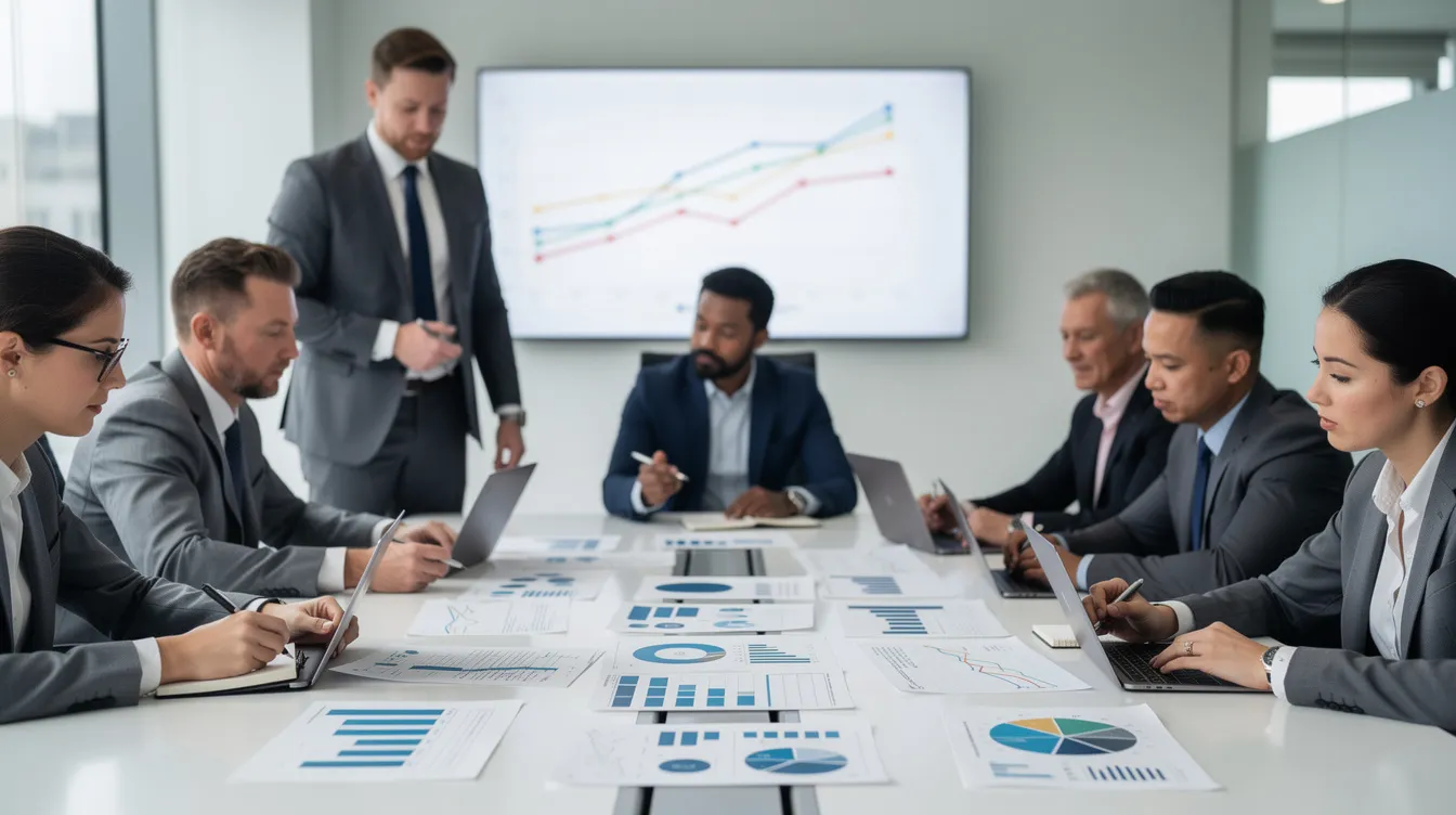 A group of business professionals, including senior executives and strategic leaders, are gathered around a meeting table, reviewing charts and strategy documents. They are engaged in strategic planning discussions, focusing on aligning corporate strategy with long-term objectives and assessing key performance indicators to ensure organizational success.