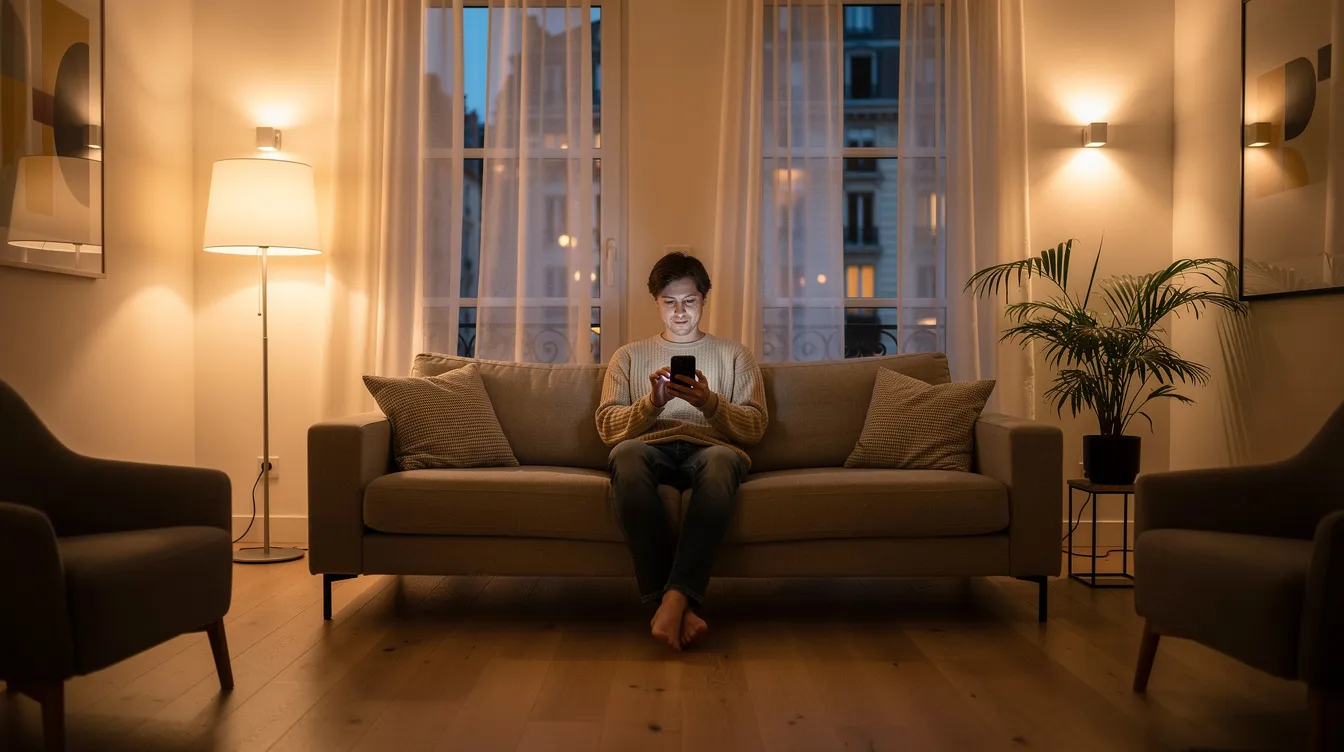 A person is sitting in a modern European apartment with warm lighting, holding a smartphone and preparing to send money abroad using a mobile money app. The cozy atmosphere suggests a comfortable setting for transferring funds securely to loved ones in Kenya with just a few taps.