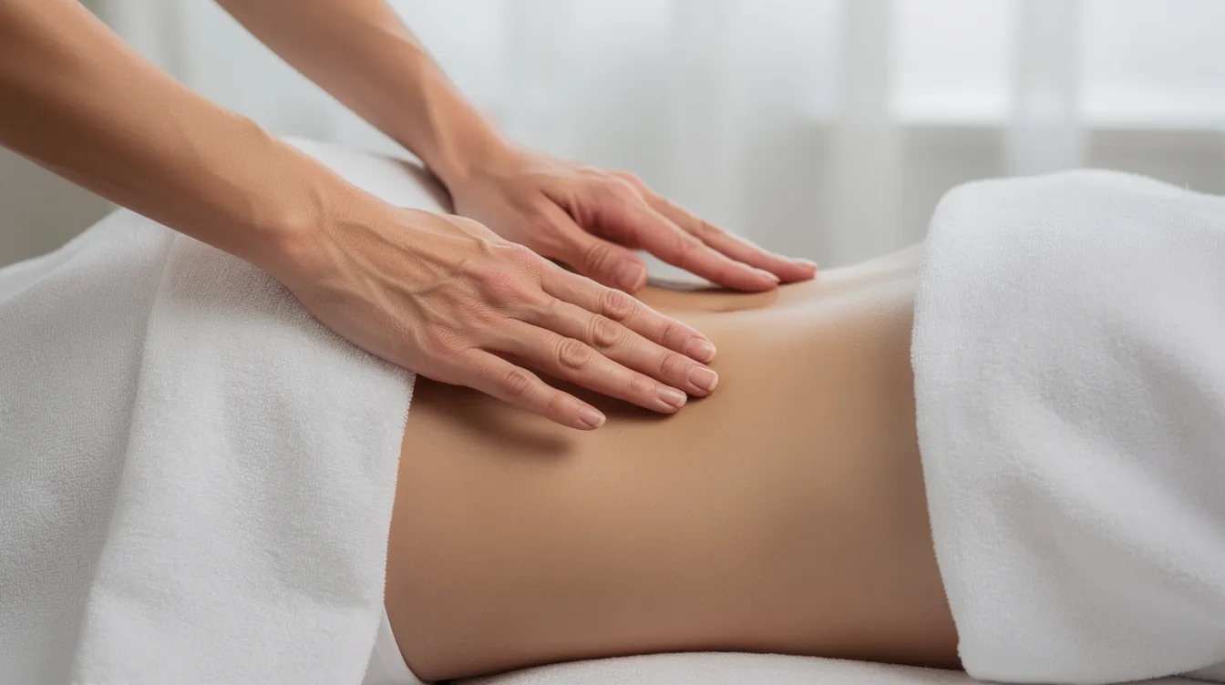 The image depicts a person's midsection where gentle hands are performing light massage movements on the abdomen area, illustrating a lymphatic drainage massage technique aimed at reducing post-op swelling and promoting the healing process after liposuction. This soothing treatment helps facilitate fluid movement and supports the body's lymphatic system for a smoother recovery.