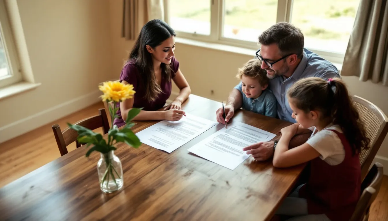 A family sits around a kitchen table, reviewing important legal documents related to their estate plan, discussing financial decisions and the future well-being of their loved ones. This collaborative moment highlights the significance of having an experienced estate planning attorney to guide them through the estate planning process and ensure a smooth transition of assets.