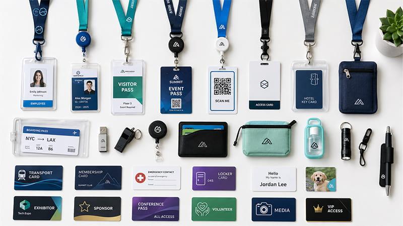 Lanyard item ideas with badge holders, passes, access cards, hotel key cards, wallets, USB drives, and small accessories.