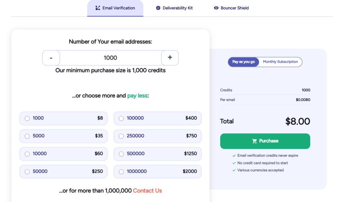 Bouncer pricing for this comprehensive verification services and reliable email verification and all the tools included, with 150 free email verification credits