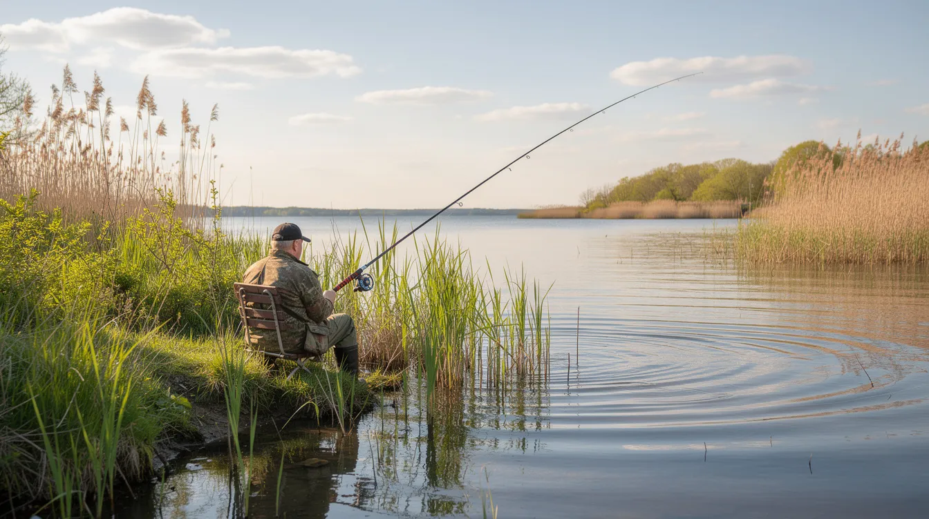 Wędkarz siedzi nad spokojną zatoką, otoczoną trzcinami, trzymając wędkę spławikową w słoneczny, wiosenny dzień. To doskonały moment na wczesnowiosenne wędkowanie, gdy ryby intensywnie żerują, a wędkarze mogą szukać płoci i innych gatunków w nasłonecznionych miejscach.