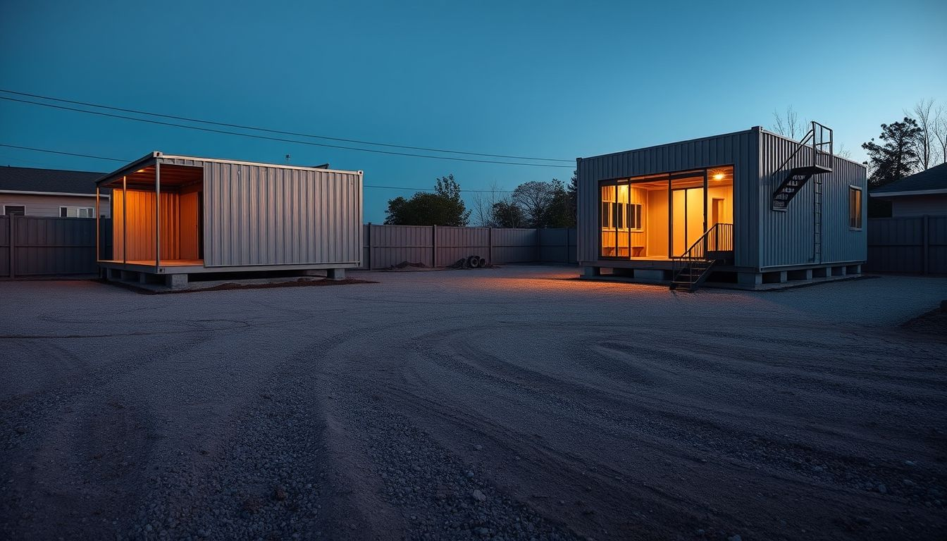 shipping container garages in a backyard