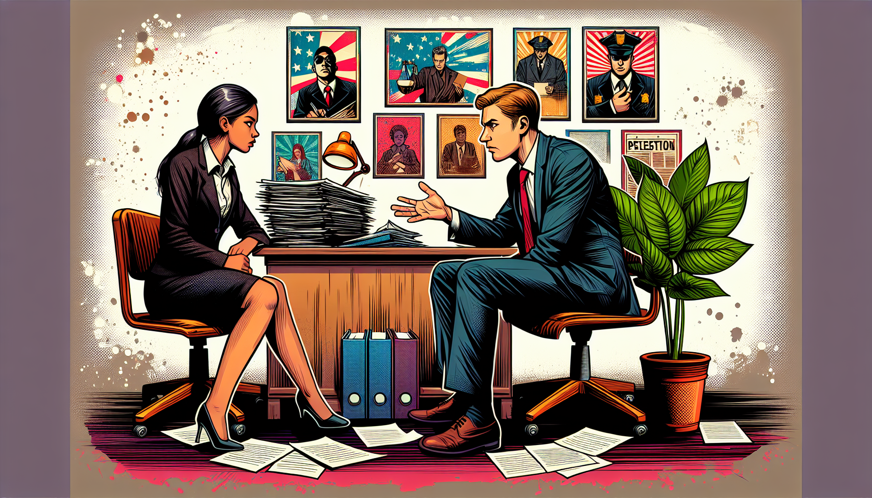 An illustration of a bail bond agent assisting a client, showcasing the role of bail bond agents in the justice system.
