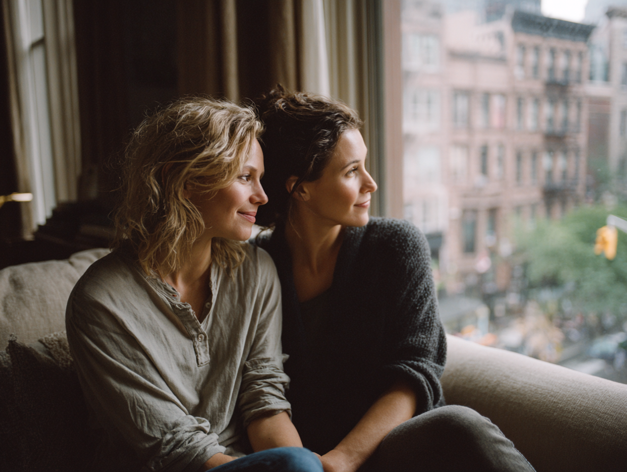 Lesbian couple in Brooklyn reconnecting through emotionally attuned conversation.