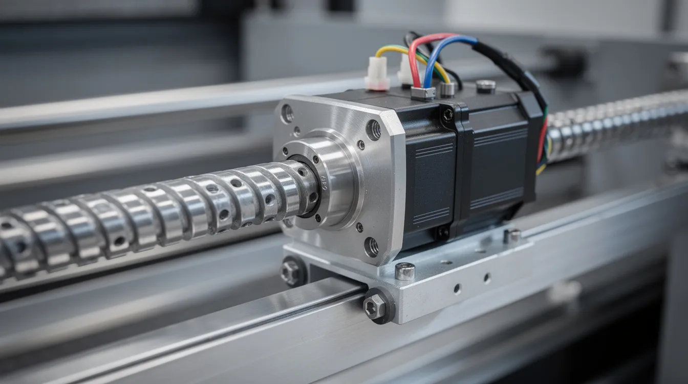 The image shows a close-up view of servo motors and ball screws mounted on the linear guide of a CNC machine axis, highlighting the precision components essential for accurate machining processes in the manufacturing industry. This setup is crucial for controlling the movement and speed of the CNC mill as it shapes hard materials like steel and aluminum.