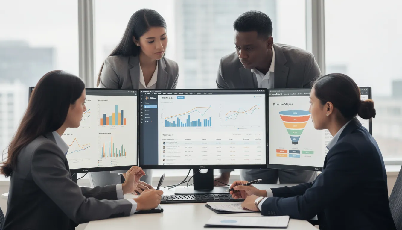 The image depicts mortgage professionals intently reviewing pipeline data on multiple computer monitors, analyzing key factors such as interest rates, borrower's income, and fallout risk to ensure efficient loan application processing and funding decisions. Their focus on data analysis highlights the importance of managing financial stress and predicting approval dates in the lending industry.