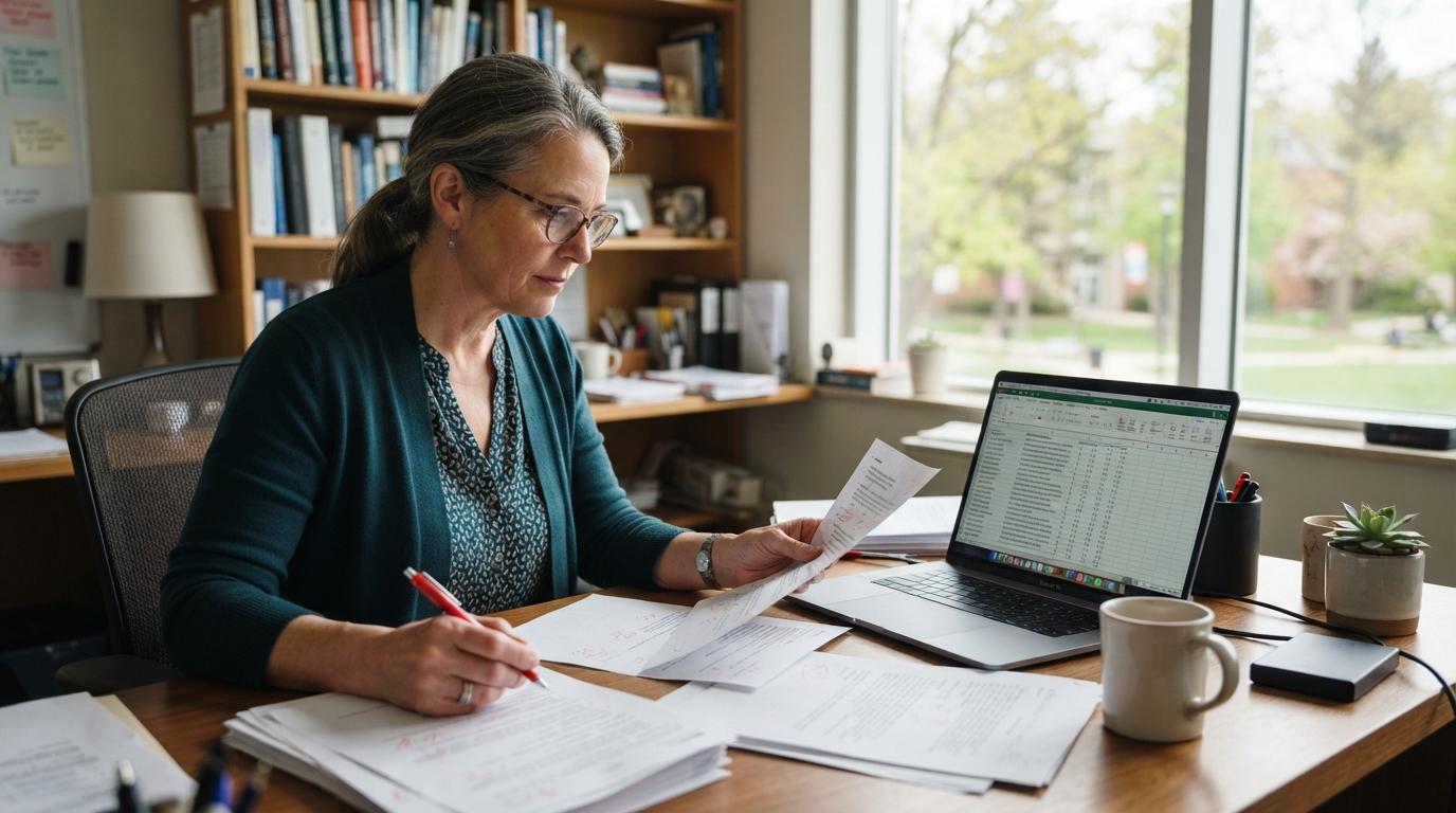 Photorealistic university professor carefully reviewing and evaluating student assignments on a laptop while comparing printed papers, modern academic office.