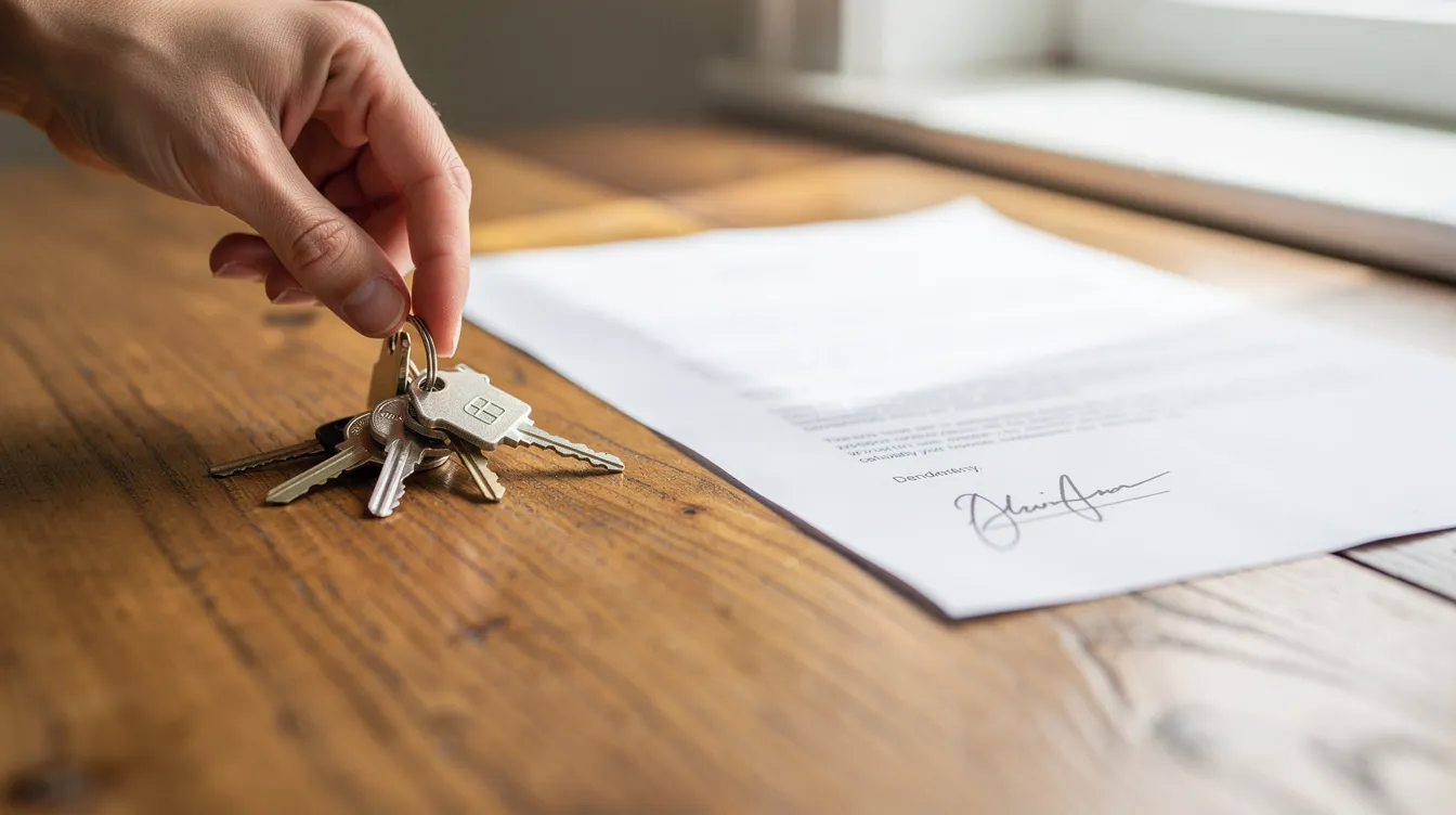 The image shows a set of house keys being placed on a wooden table next to a signed document, symbolizing the completion of a real estate transaction, possibly involving a hard money loan for investment properties. The scene conveys the importance of securing financing for real estate investors looking to purchase or flip properties.