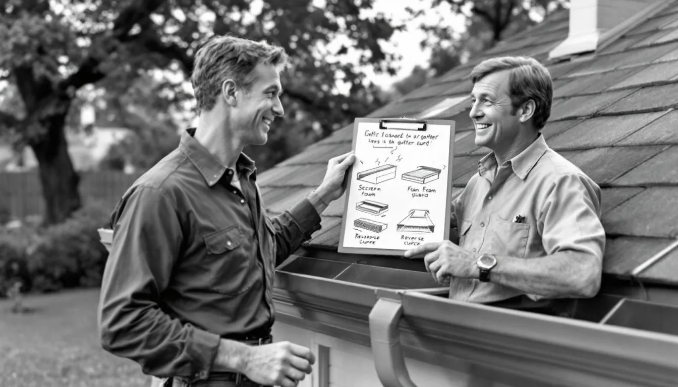 A satisfied customer discussing gutter guard options with a representative.