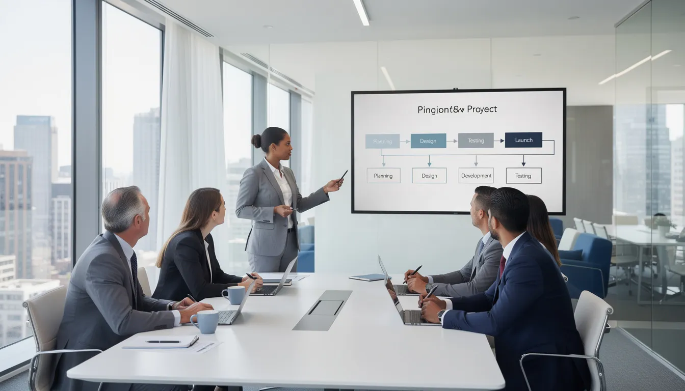 A professional team is gathered in a modern office, engaged in a meeting where they discuss workflow strategies while reviewing information displayed on a screen. The atmosphere reflects a focus on achieving mortgage readiness and enhancing financial stability for potential homebuyers.