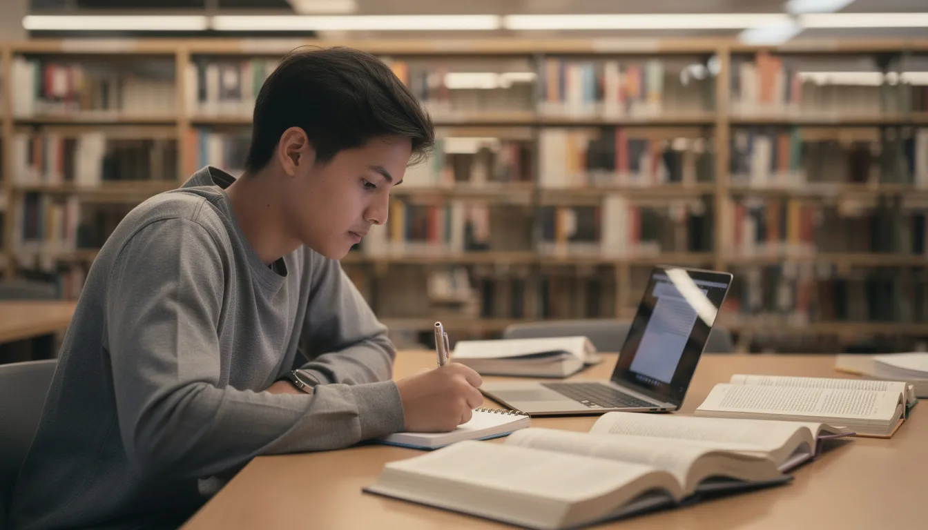 A student is sitting at a desk in a library, surrounded by open books and a laptop, deeply focused on their studies. The scene reflects a quiet academic environment, ideal for learning and enhancing cognitive function, similar to how creatine supplements can support brain health and athletic performance.