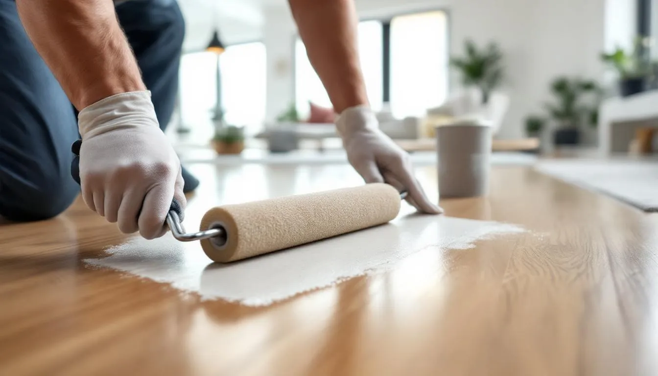 Applying a polyurethane finish to hardwood floors, demonstrating the final step in refinishing.
