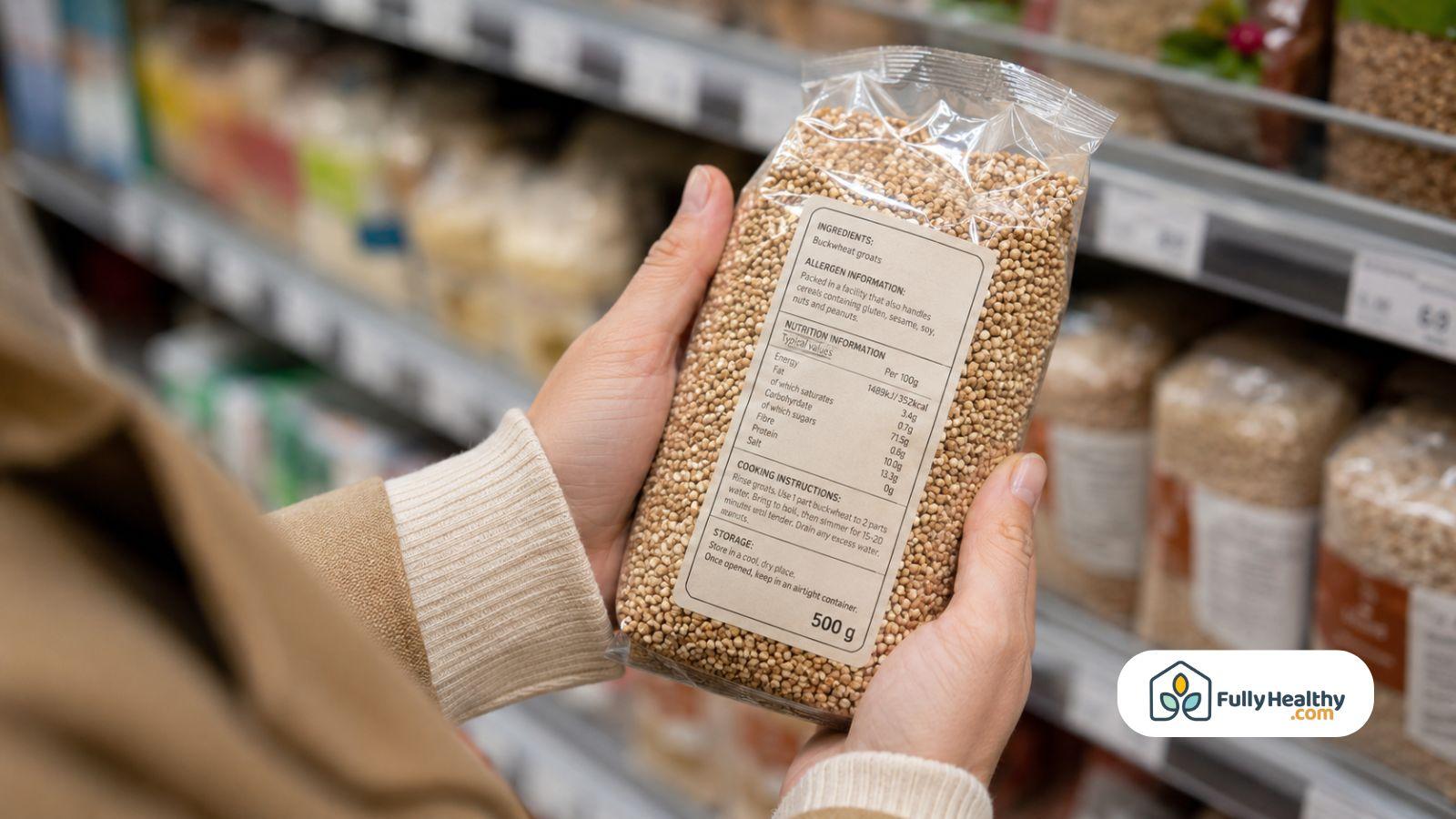 Shopper checking buckwheat groats package label for ingredients and allergens