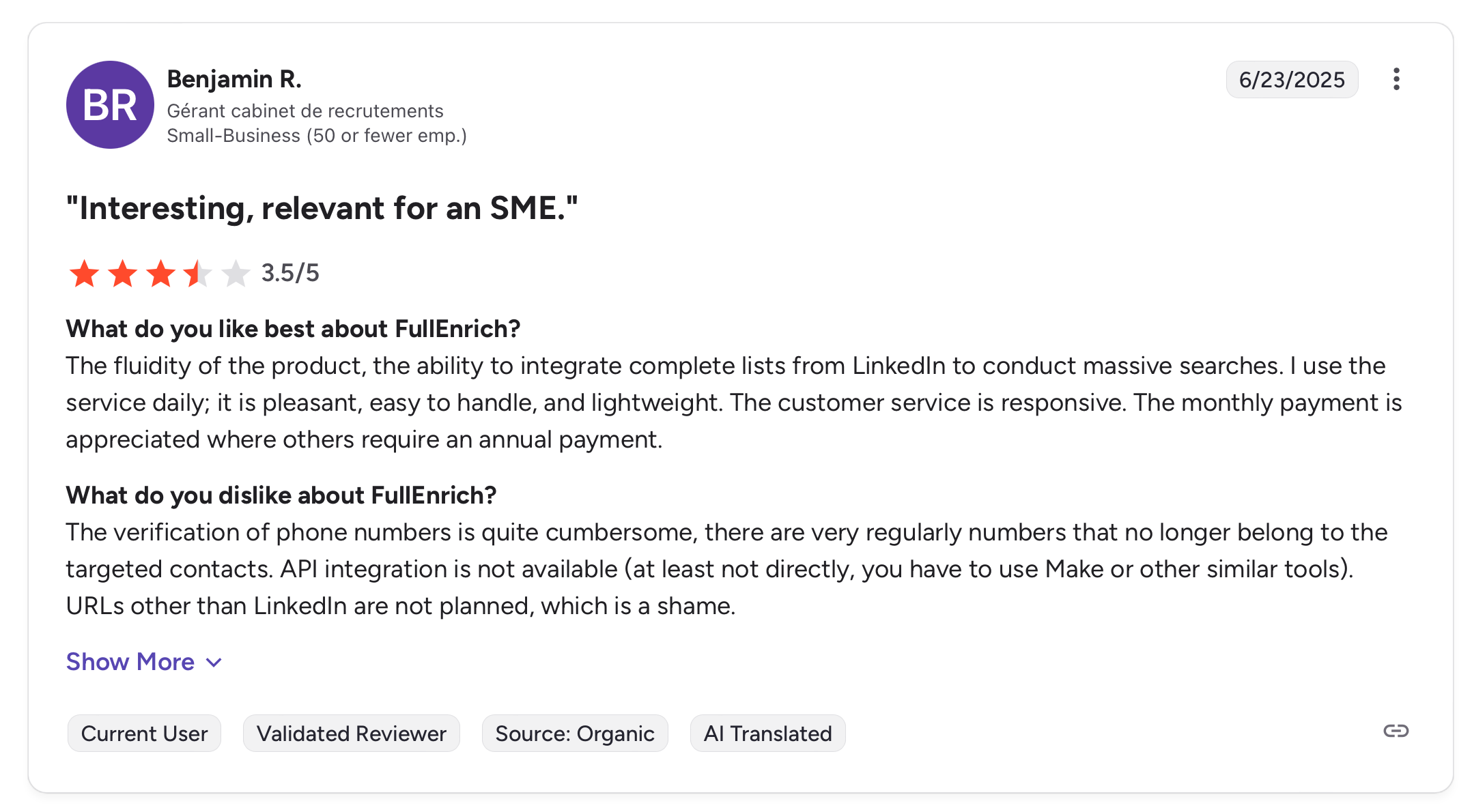 FullEnrich G2 review screenshot