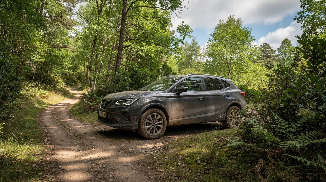 Un SUV compact garé près d'un sentier bordé d'arbres.